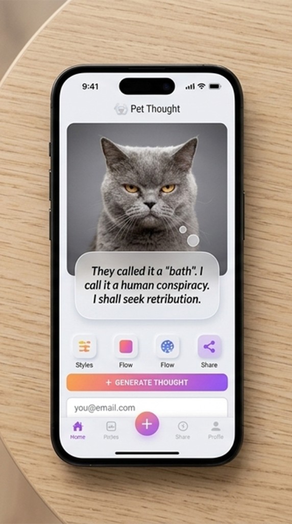 Pet Thought Generator on a phone showing a cat photo with a generated thought caption