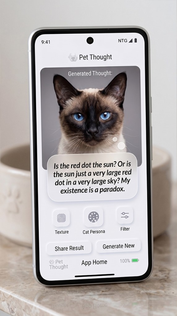 Siamese cat with generated philosophical thought and style controls